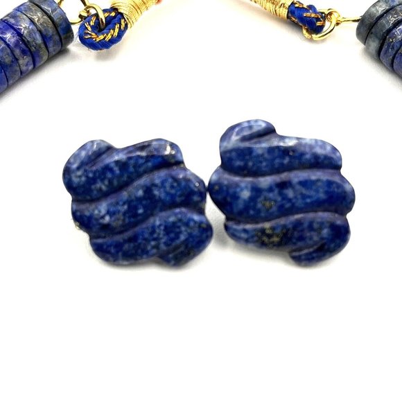 LAPIS LAZULI Disc Saucer Bead Necklace Earring Set Adjustable String Closure 20" - Picture 8 of 10
